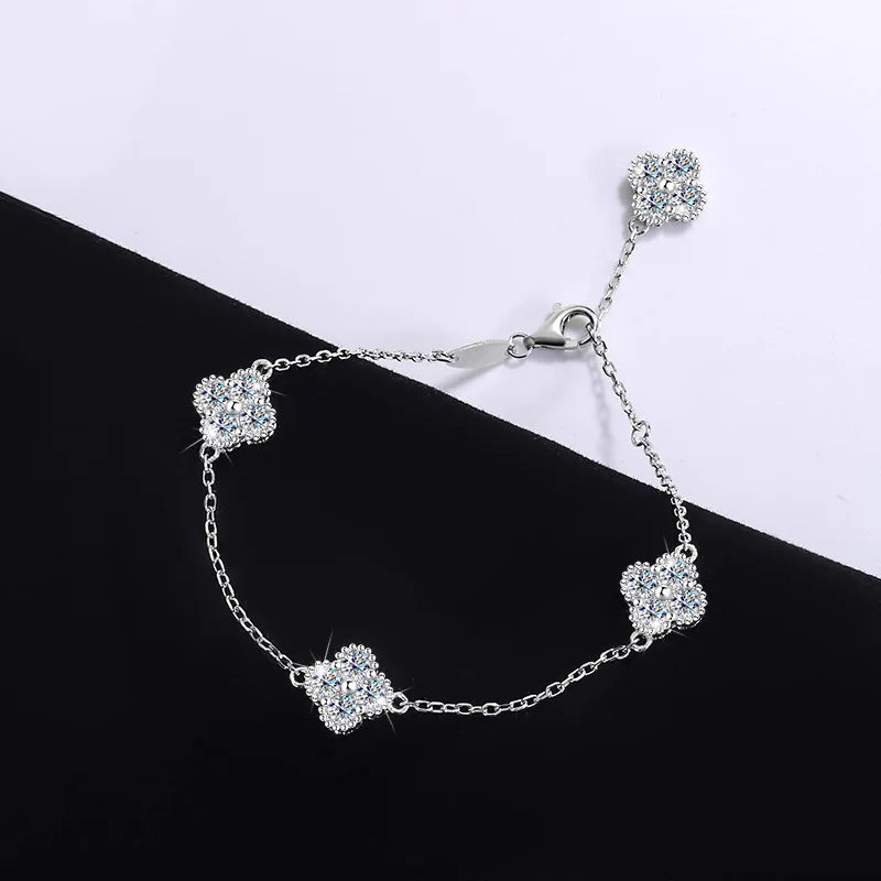Silver Four Leaf Clover Moissanite Bracelet