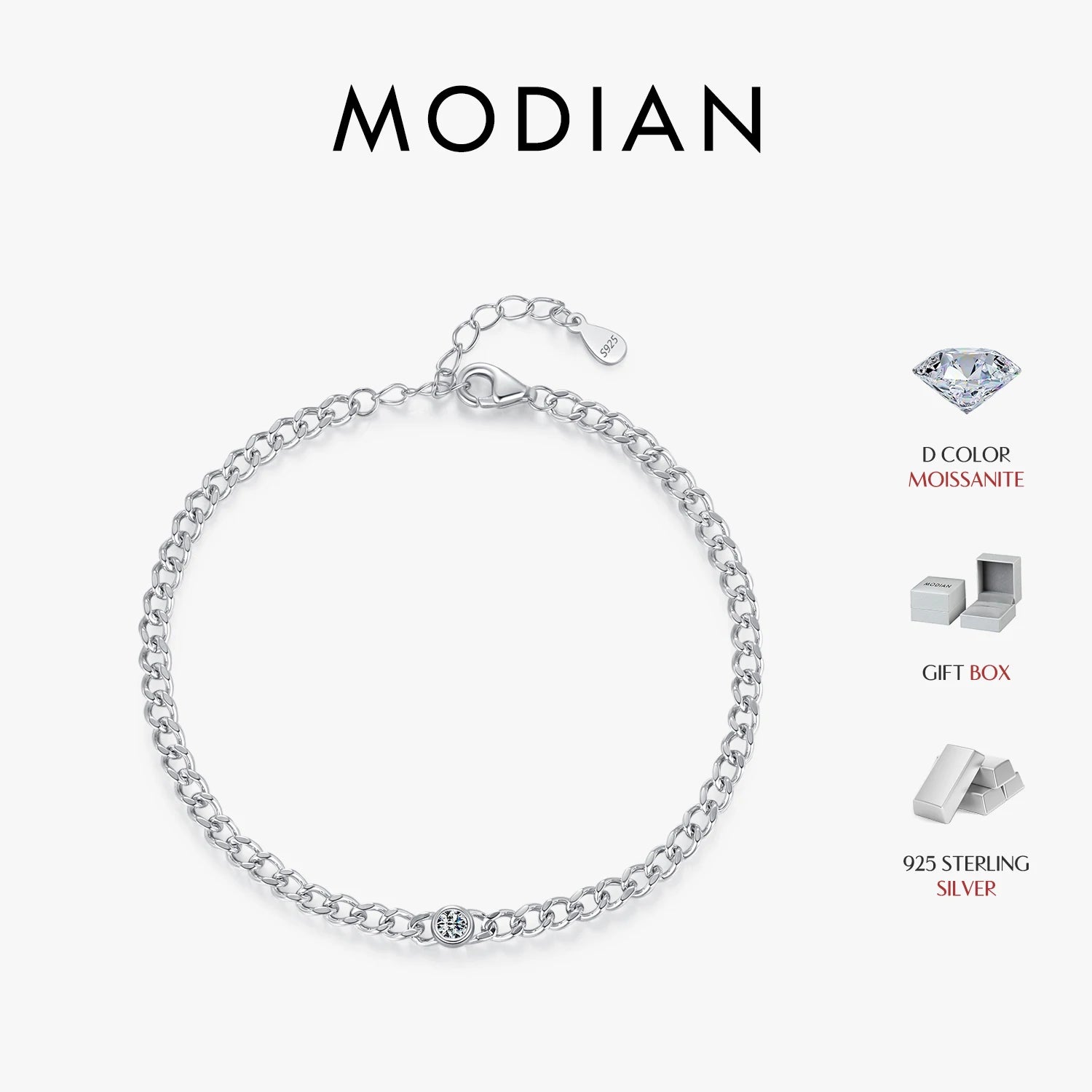 MODIAN 925 Sterling Silver Moissanite Link Chain Bracelet