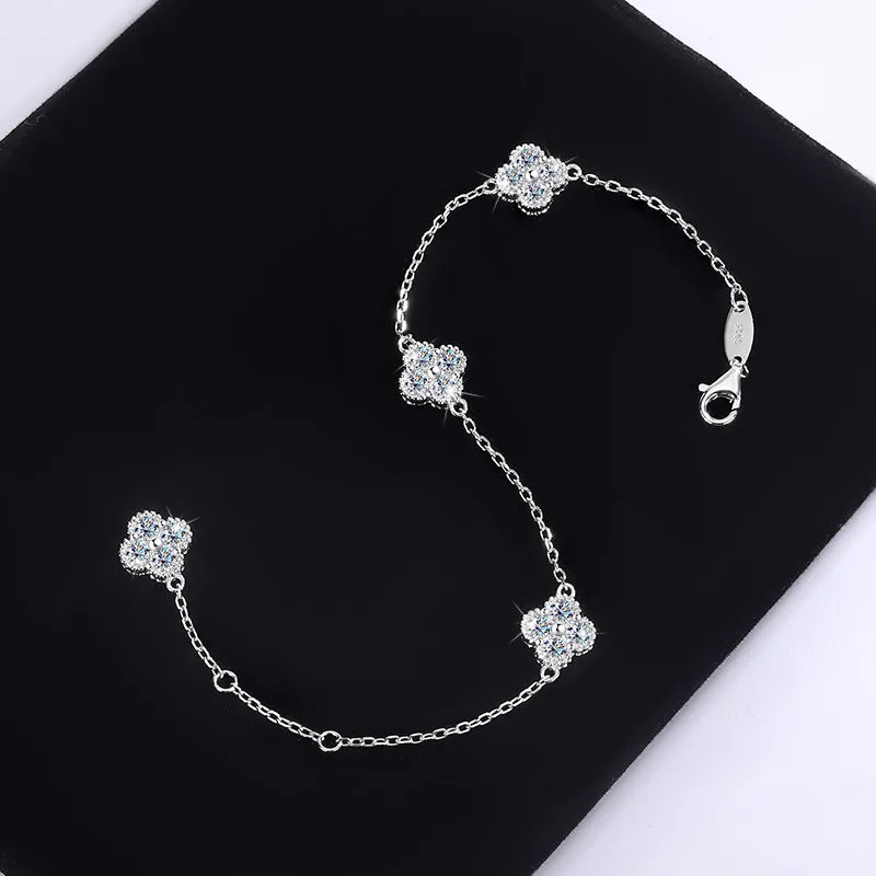 Silver Four Leaf Clover Moissanite Bracelet