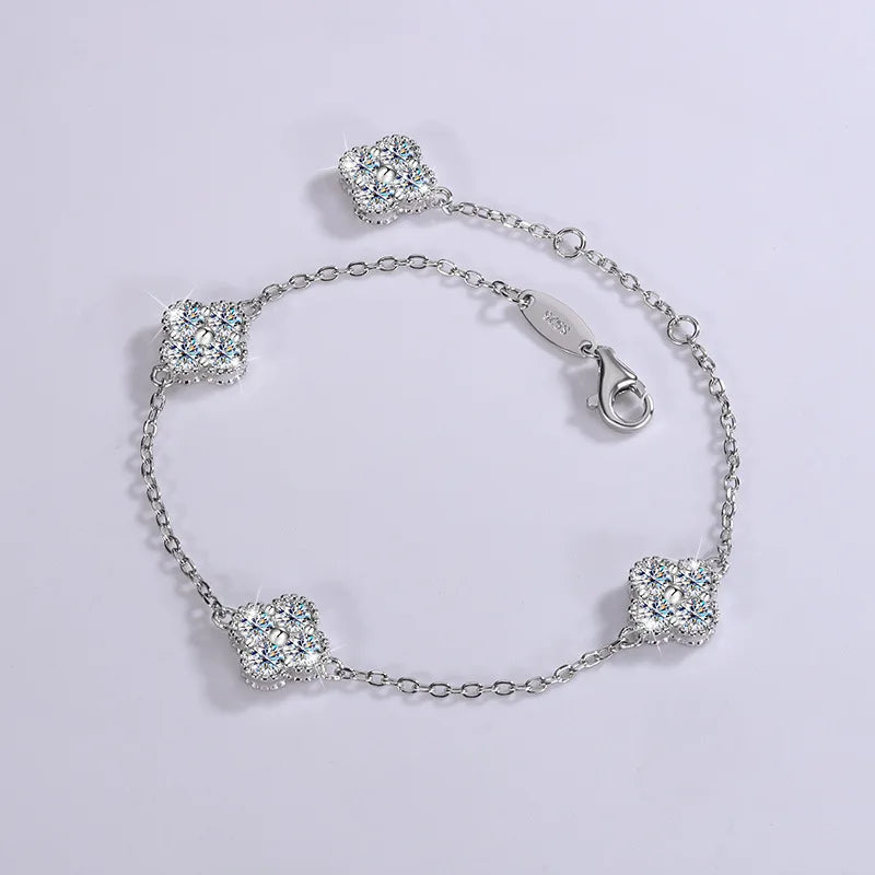 Silver Four Leaf Clover Moissanite Bracelet