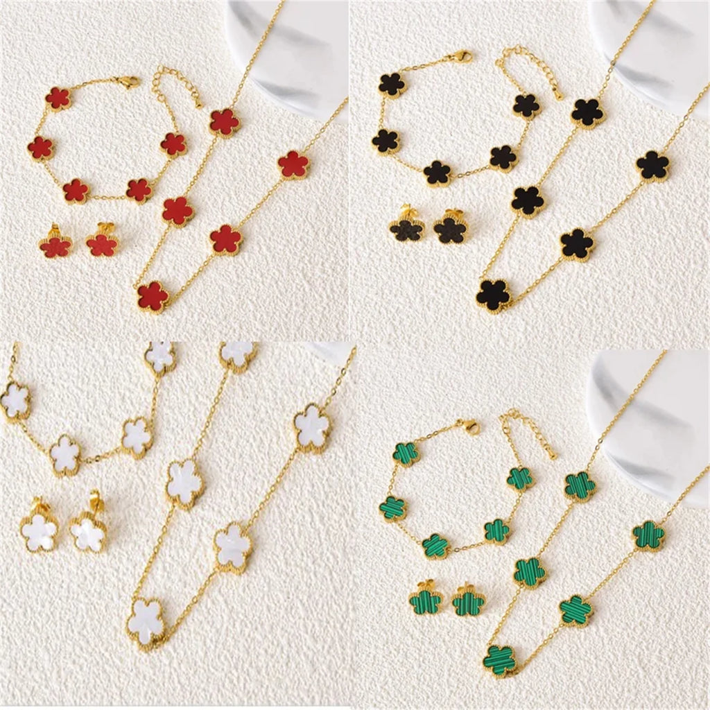 Gold-Plated Five-Leaf Flower Earring, Necklace & Bracelet Set – Elegant Jewelry Gift for Women.