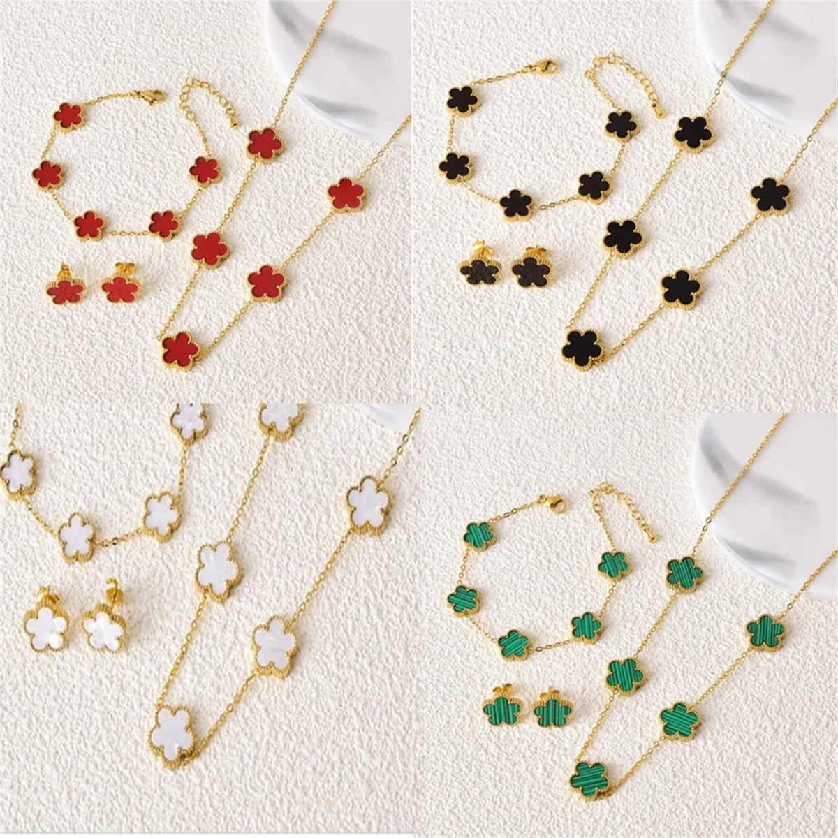 Gold-Plated Five-Leaf Flower Earring, Necklace & Bracelet Set – Elegant Jewelry Gift for Women.